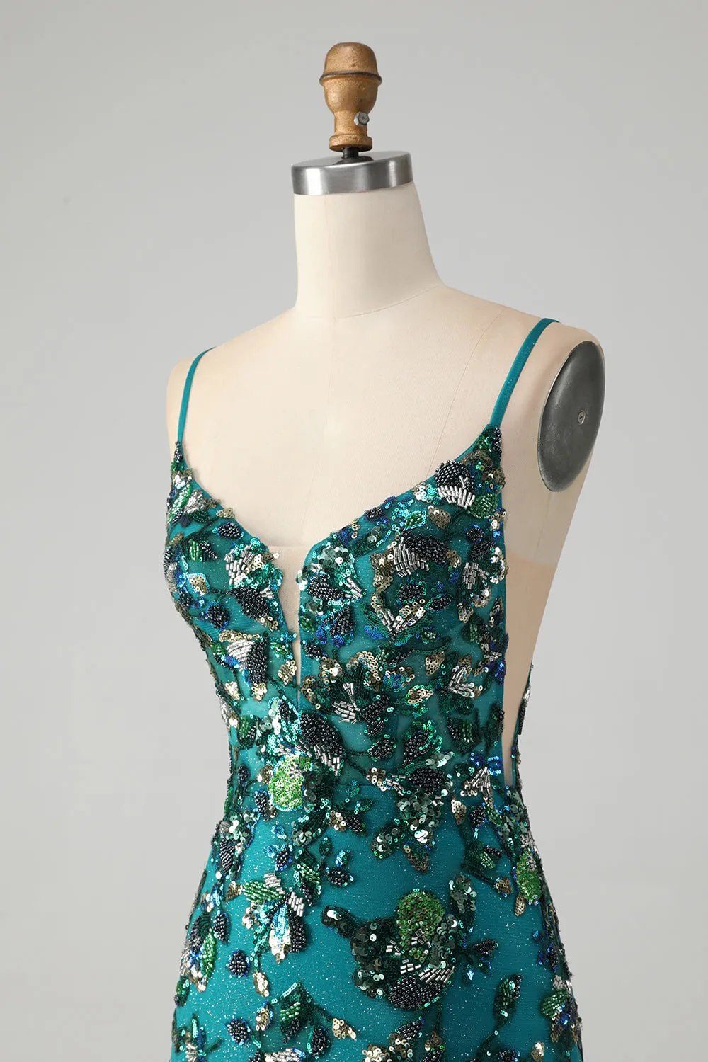 Sparkly Dark Green Bodycon Spaghetti Straps Short Homecoming Dress with Beading