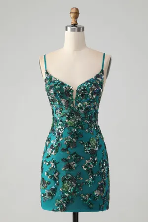 Sparkly Dark Green Bodycon Spaghetti Straps Short Homecoming Dress with Beading