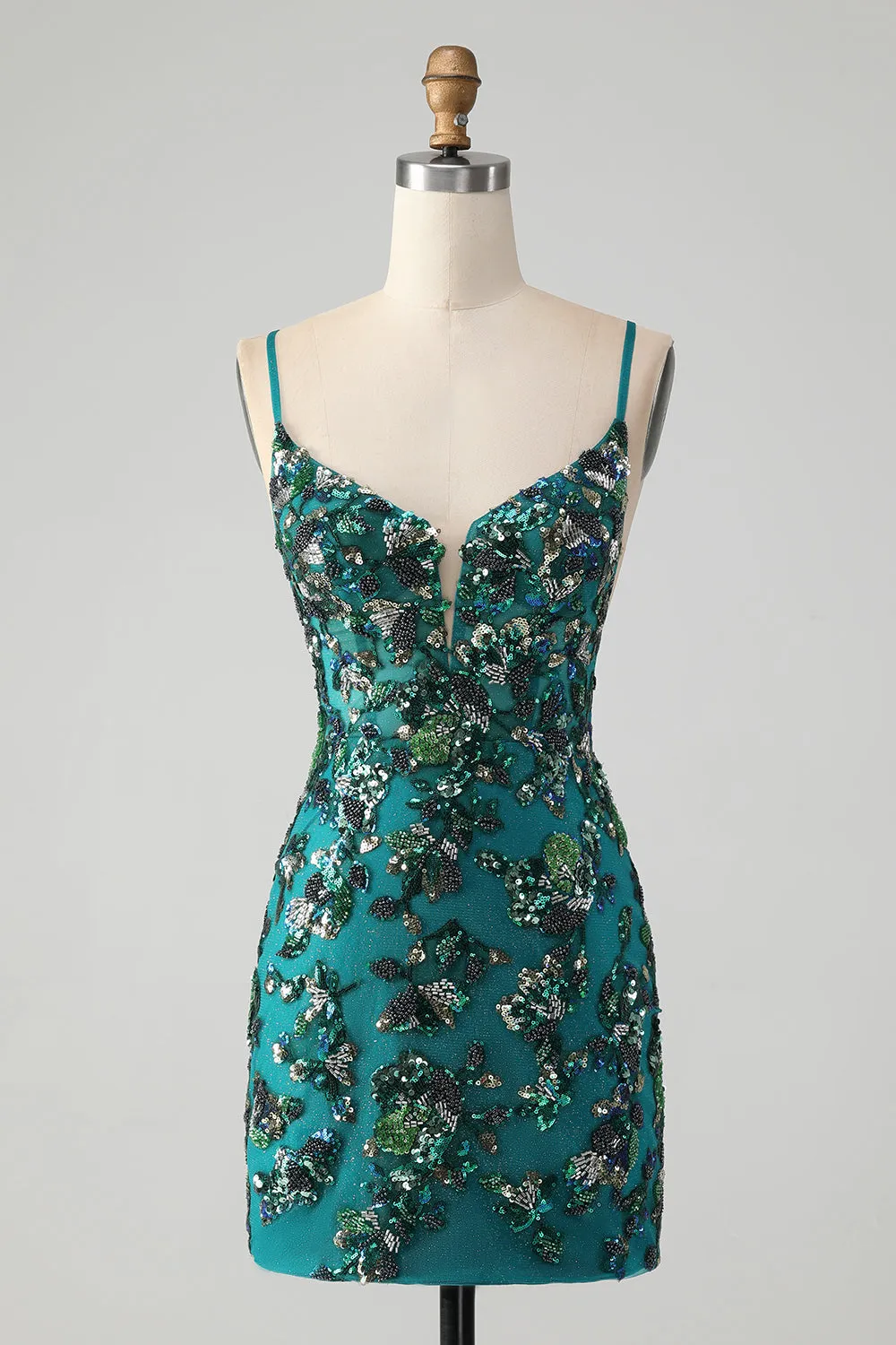 Sparkly Dark Green Bodycon Spaghetti Straps Short Homecoming Dress with Beading