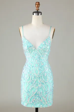 Sparkly Tight Spaghetti Straps Green Homecoming Dress with Backless