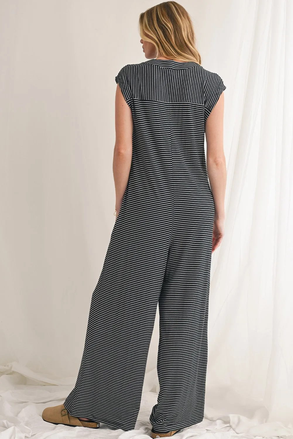 Striped Button Sleeveless Jumpsuit