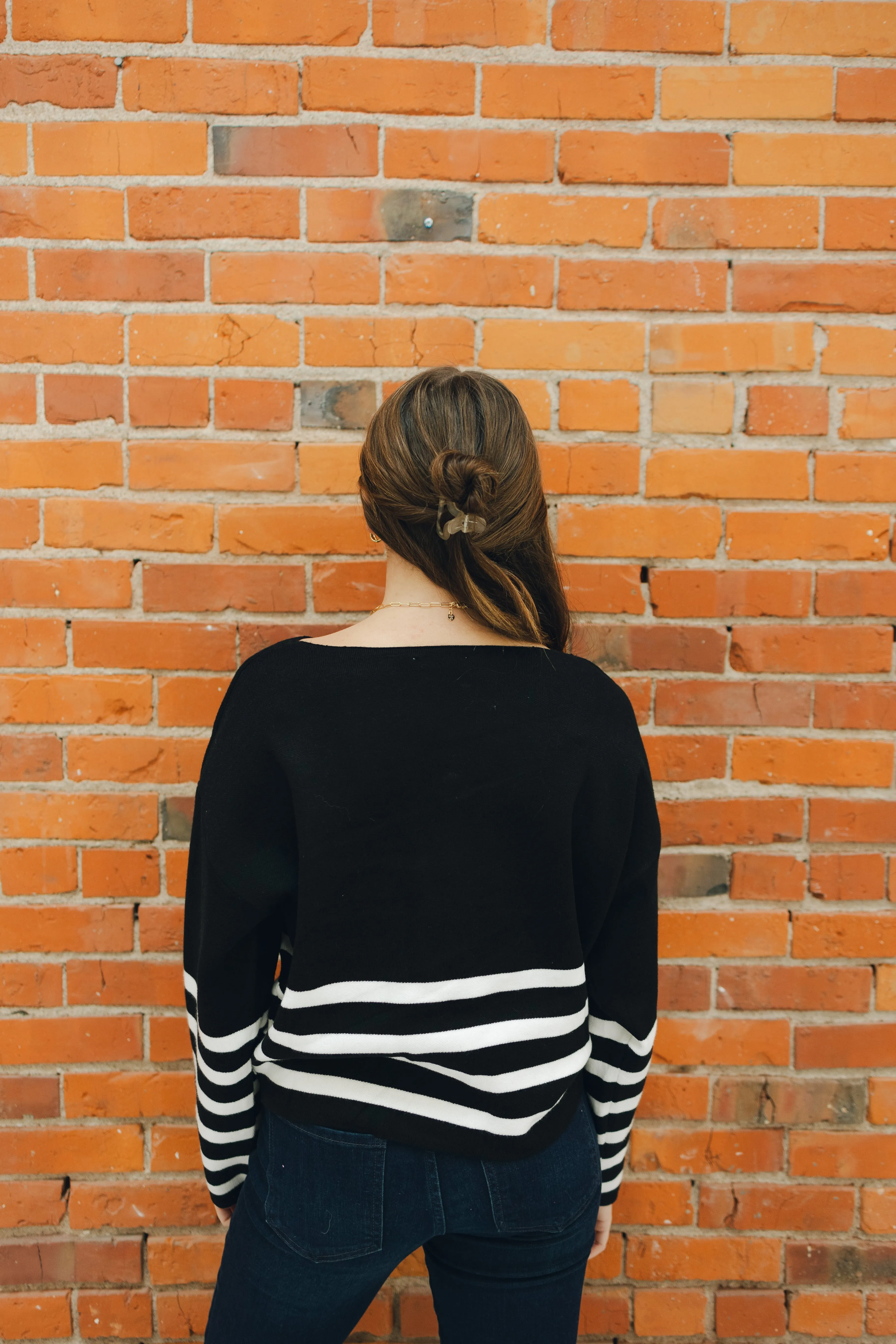 Striped Cropped Sweater - Black/Ivory