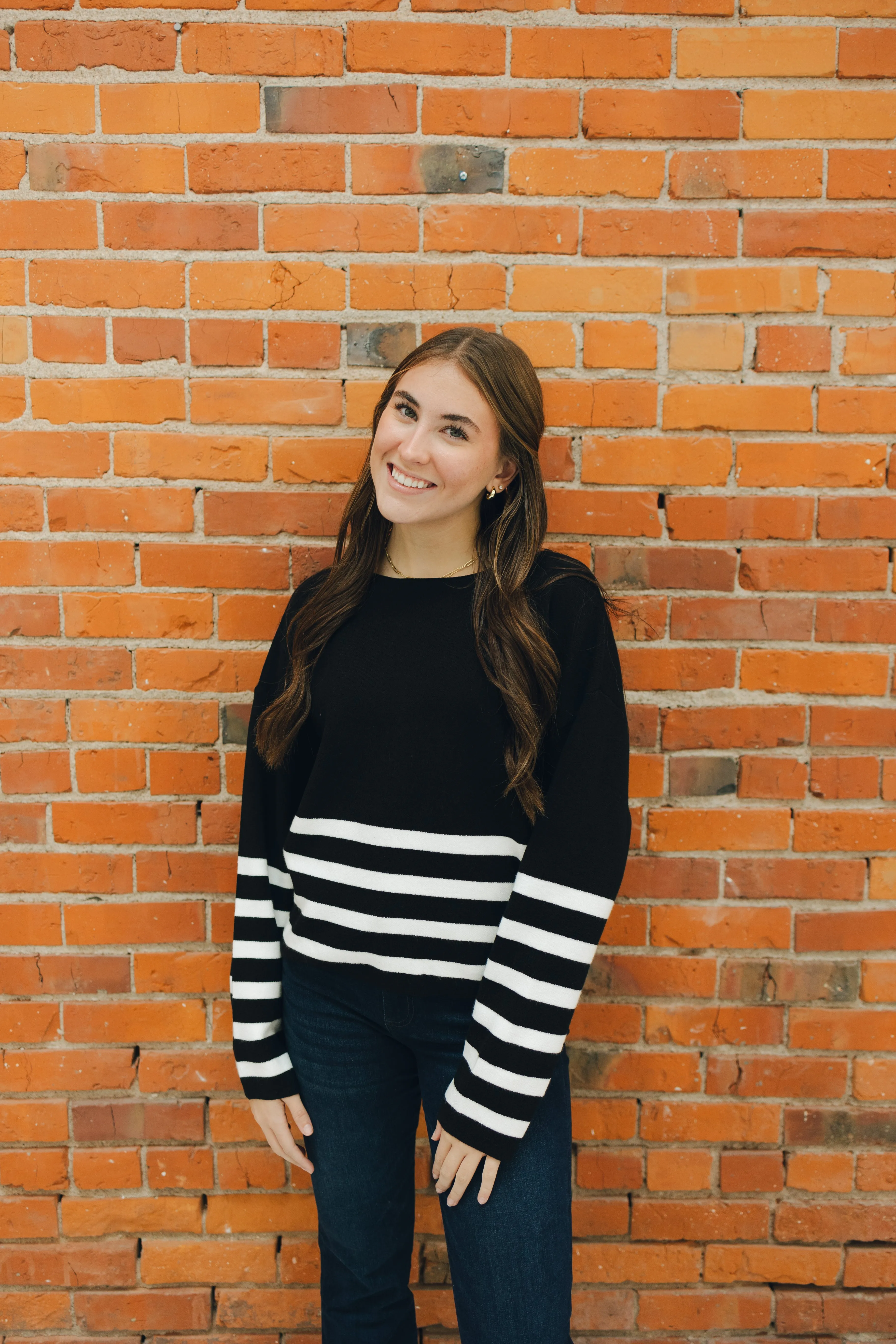 Striped Cropped Sweater - Black/Ivory