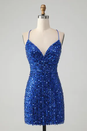 Stylish Royal Blue Sheath Criss Cross Back Short Homecoming Dress with Sequins