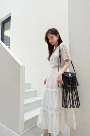 Summer Lace  White V Neck Dress