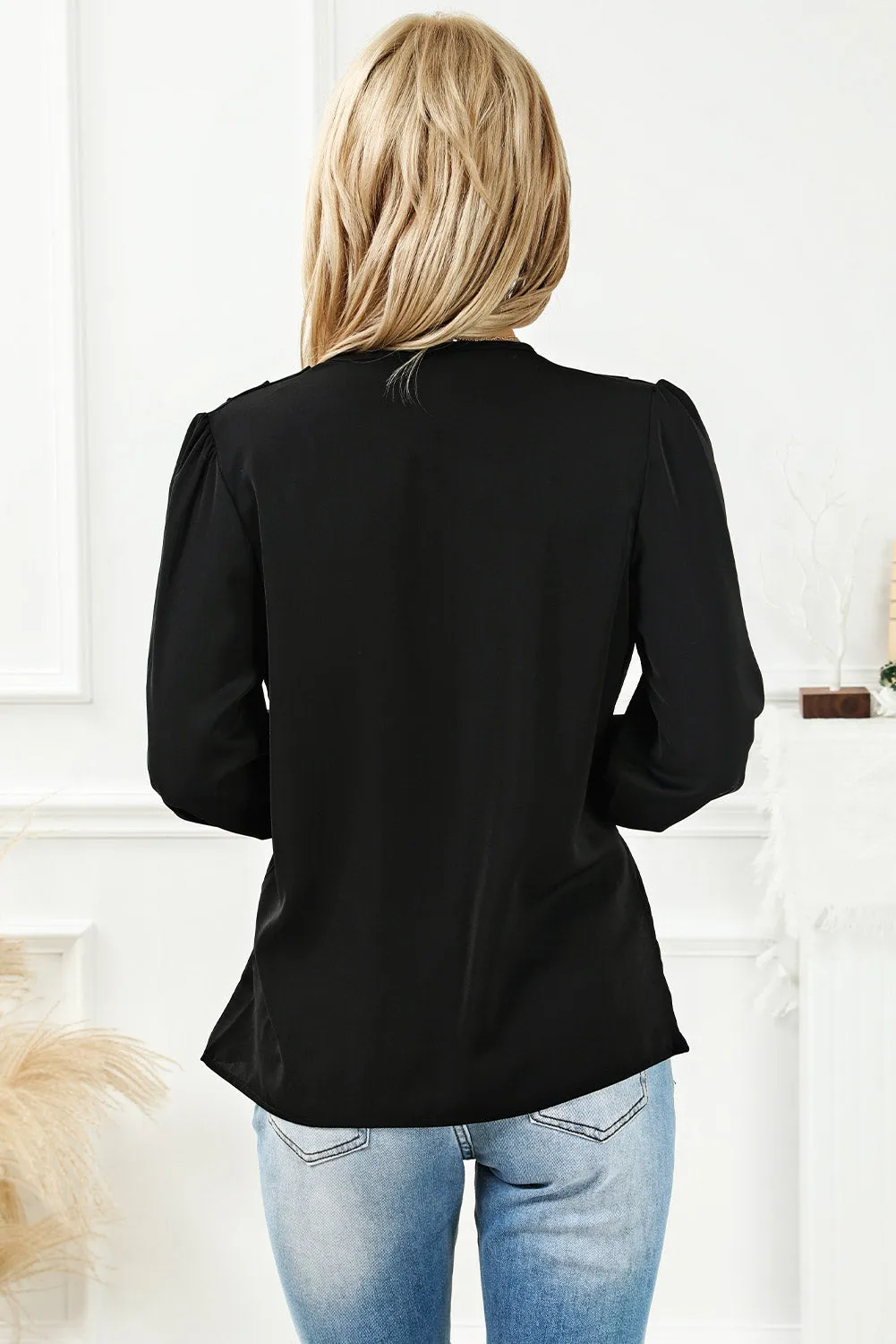 Surplice Neck Shirred Cuffs Draped Blouse