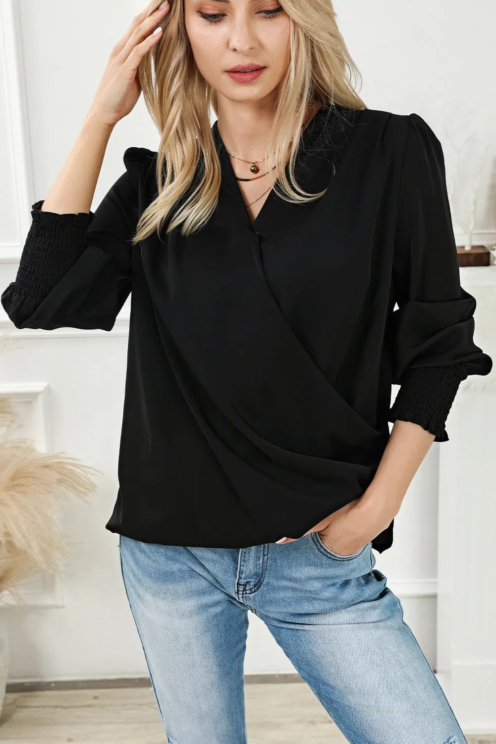 Surplice Neck Shirred Cuffs Draped Blouse