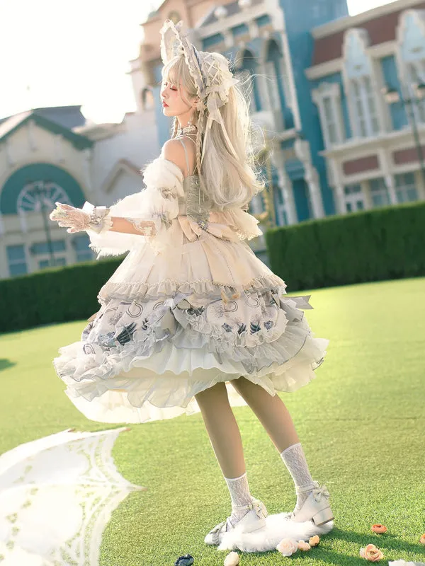 Sweet Lolita Wedding OP Dress Floral Print Light Gray Flowers Bows Lolita One Piece Dresses