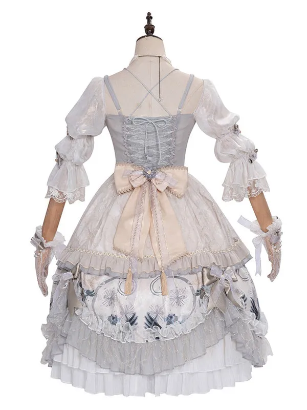 Sweet Lolita Wedding OP Dress Floral Print Light Gray Flowers Bows Lolita One Piece Dresses