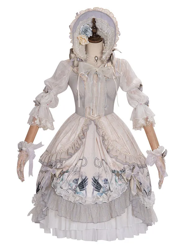 Sweet Lolita Wedding OP Dress Floral Print Light Gray Flowers Bows Lolita One Piece Dresses