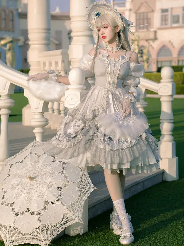 Sweet Lolita Wedding OP Dress Floral Print Light Gray Flowers Bows Lolita One Piece Dresses