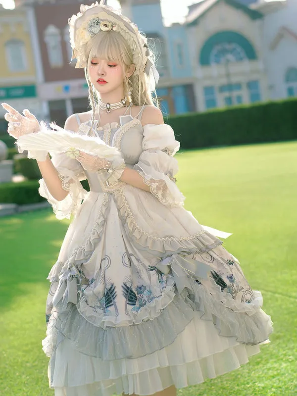Sweet Lolita Wedding OP Dress Floral Print Light Gray Flowers Bows Lolita One Piece Dresses