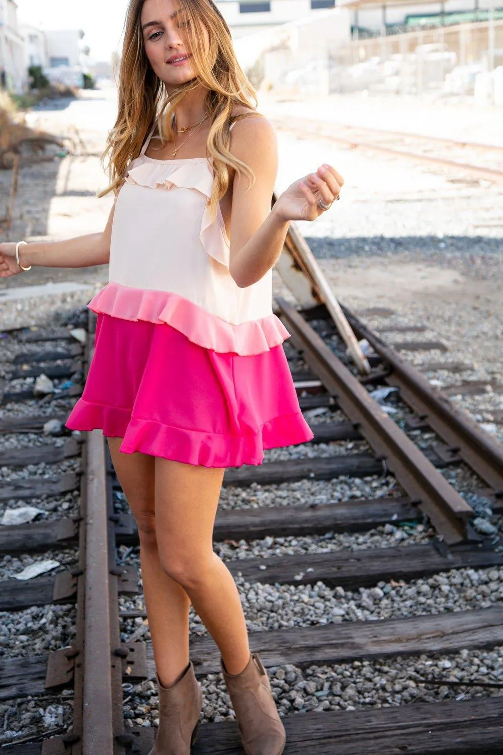 Tammy Peach/Fuchsia Ruffle Crepe Tank Top