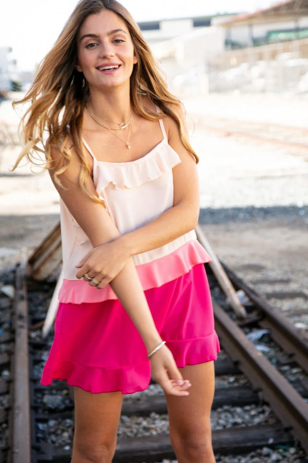 Tammy Peach/Fuchsia Ruffle Crepe Tank Top