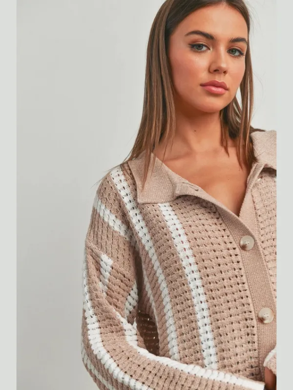 Taupe & Ivory Stripe Chenille Cardigan