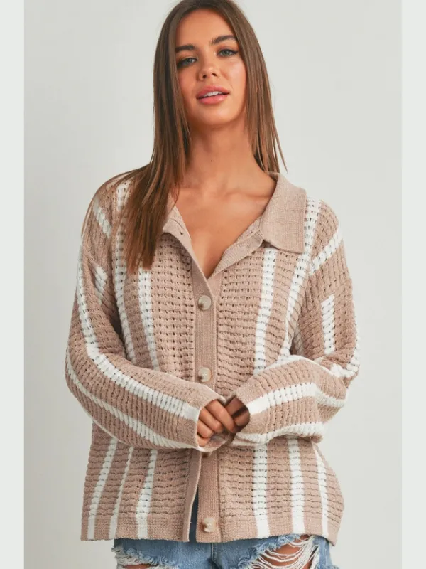Taupe & Ivory Stripe Chenille Cardigan