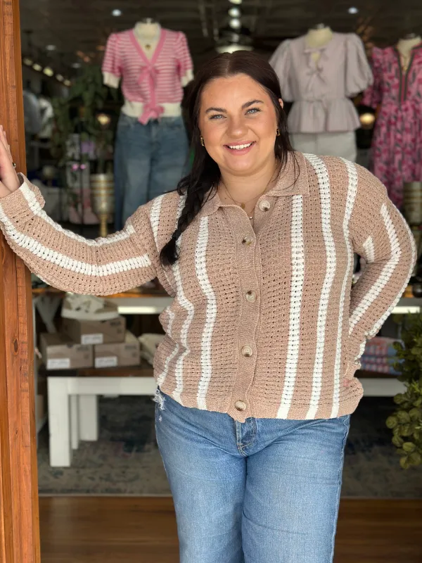 Taupe & Ivory Stripe Chenille Cardigan