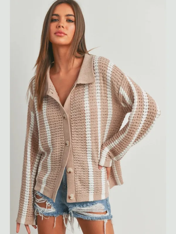 Taupe & Ivory Stripe Chenille Cardigan