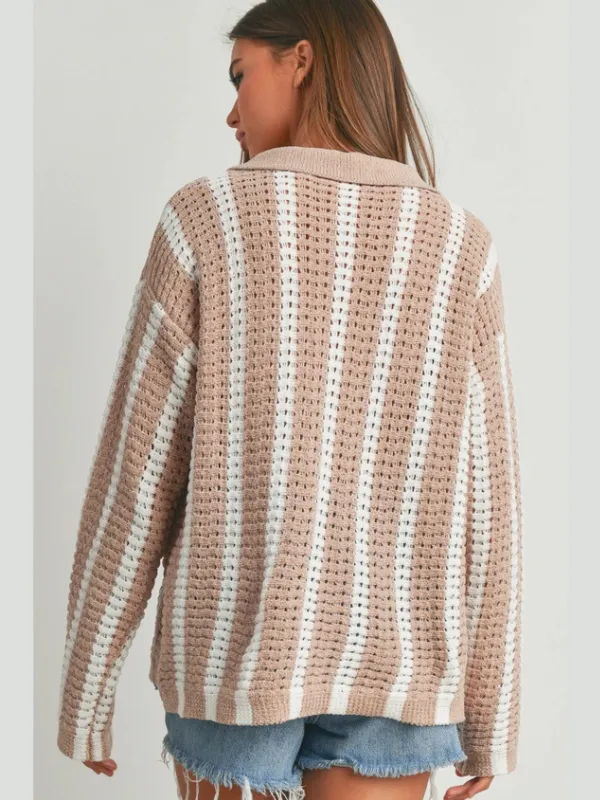 Taupe & Ivory Stripe Chenille Cardigan