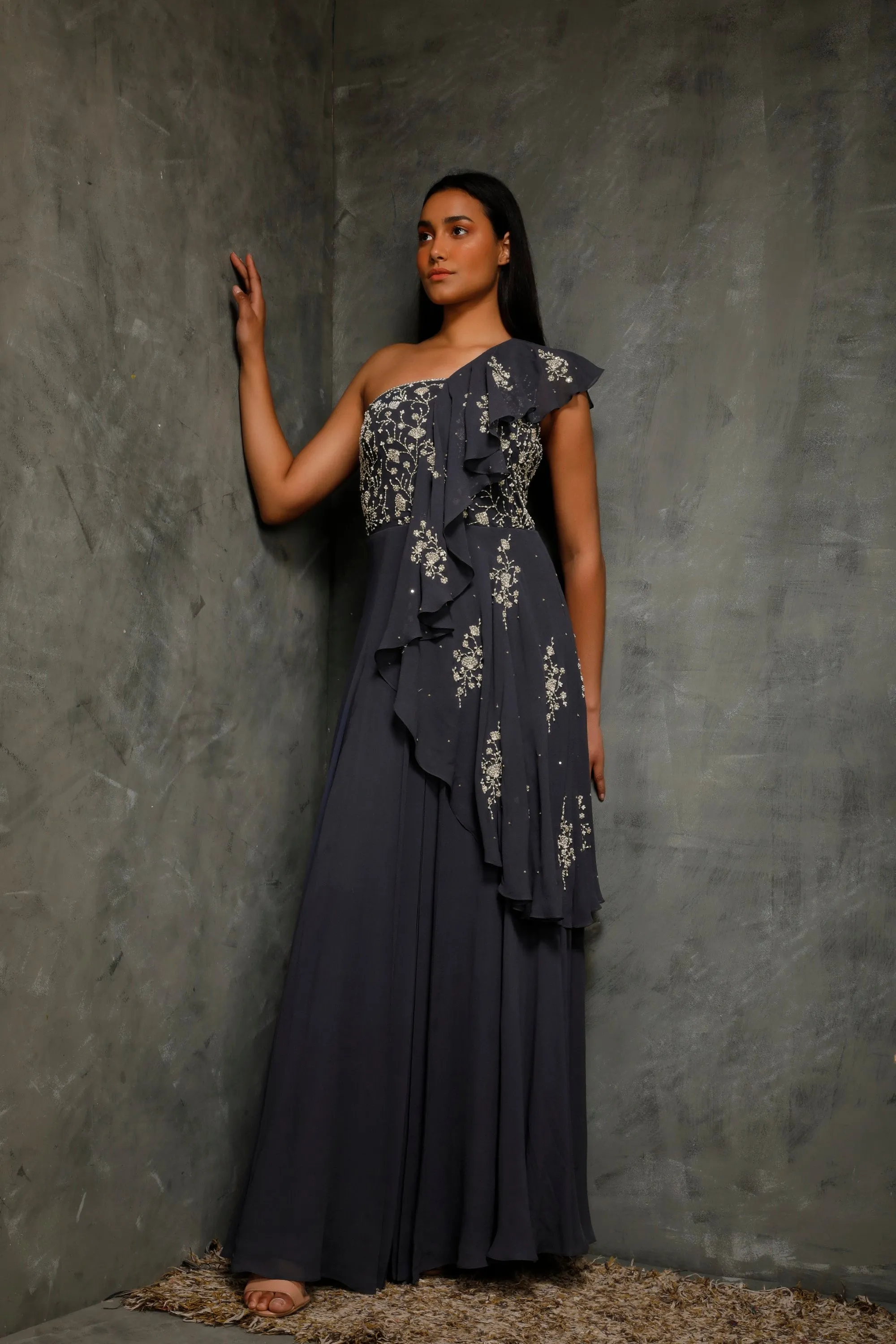 Teal Blue One Shoulder Gown With Ruffles