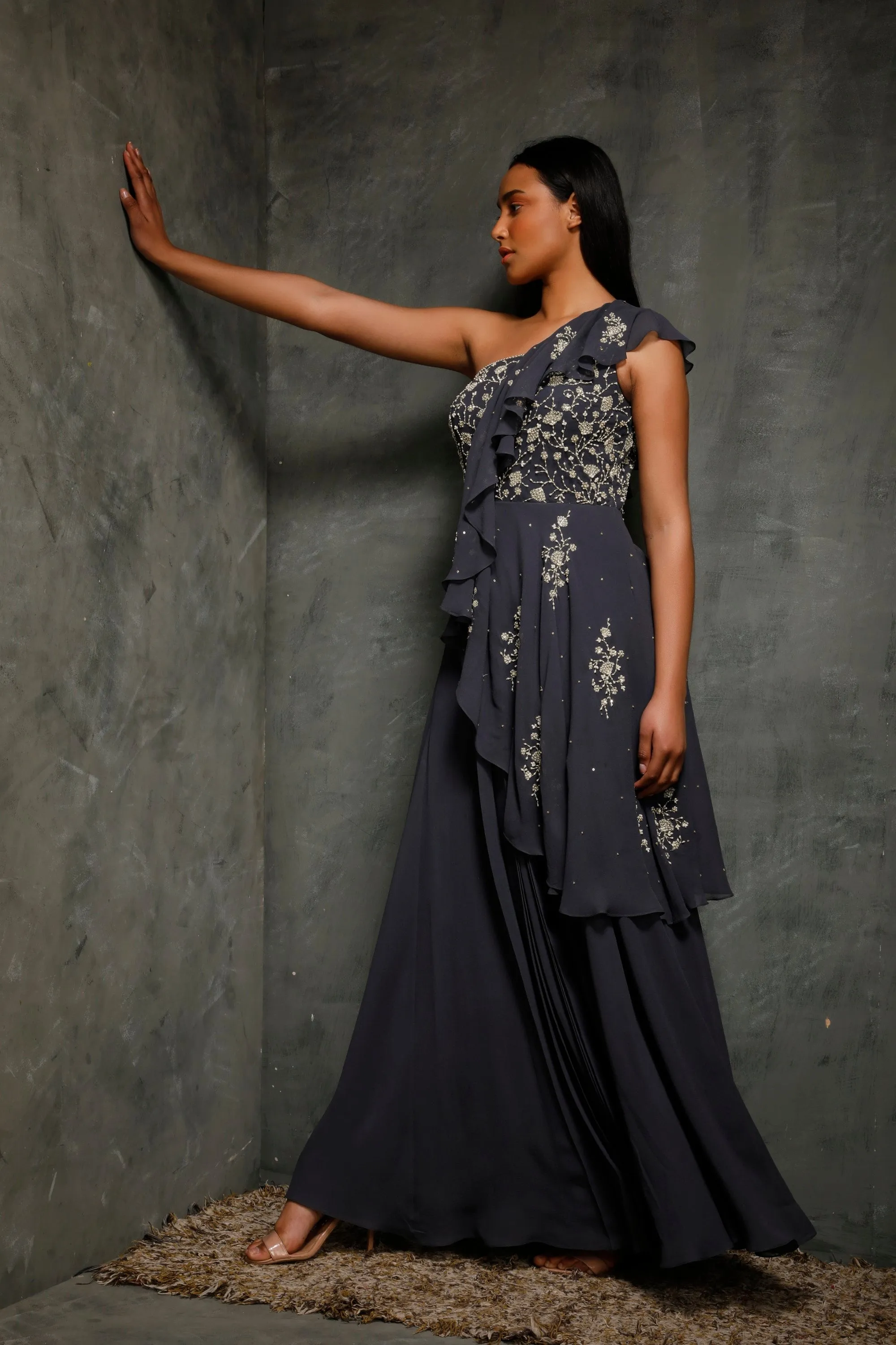 Teal Blue One Shoulder Gown With Ruffles