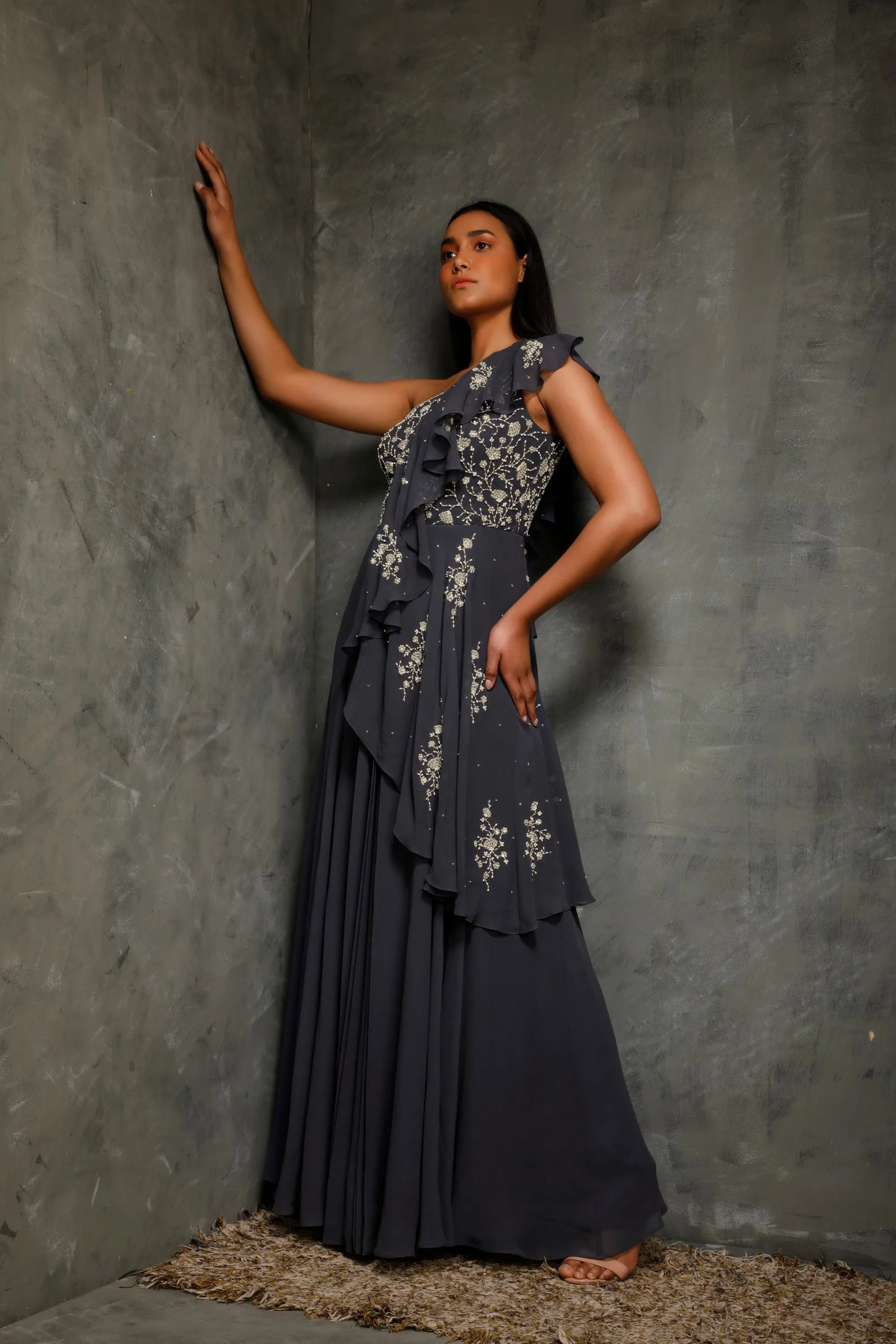 Teal Blue One Shoulder Gown With Ruffles