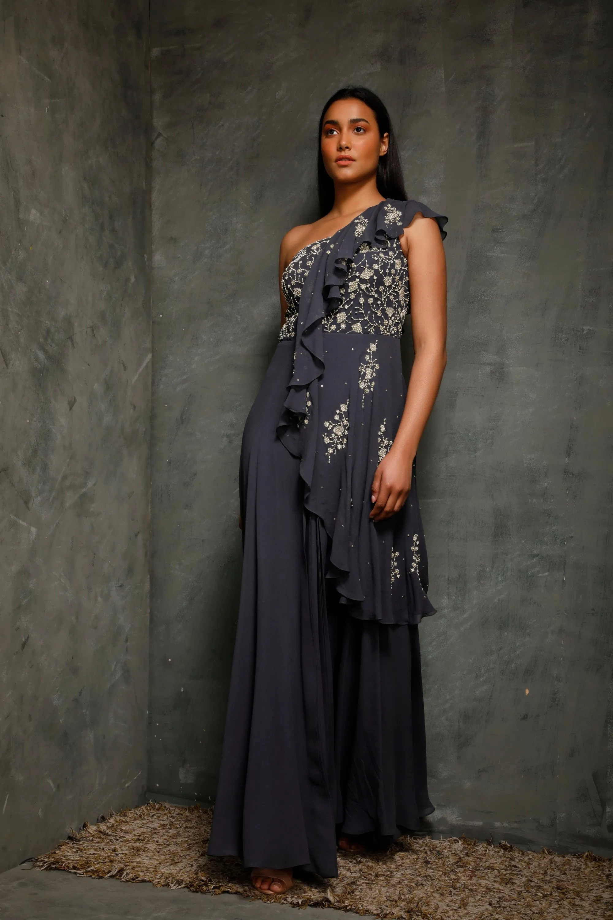 Teal Blue One Shoulder Gown With Ruffles