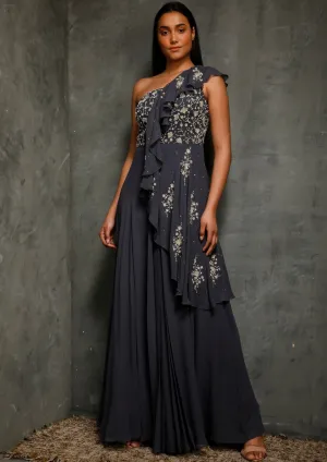 Teal Blue One Shoulder Gown With Ruffles