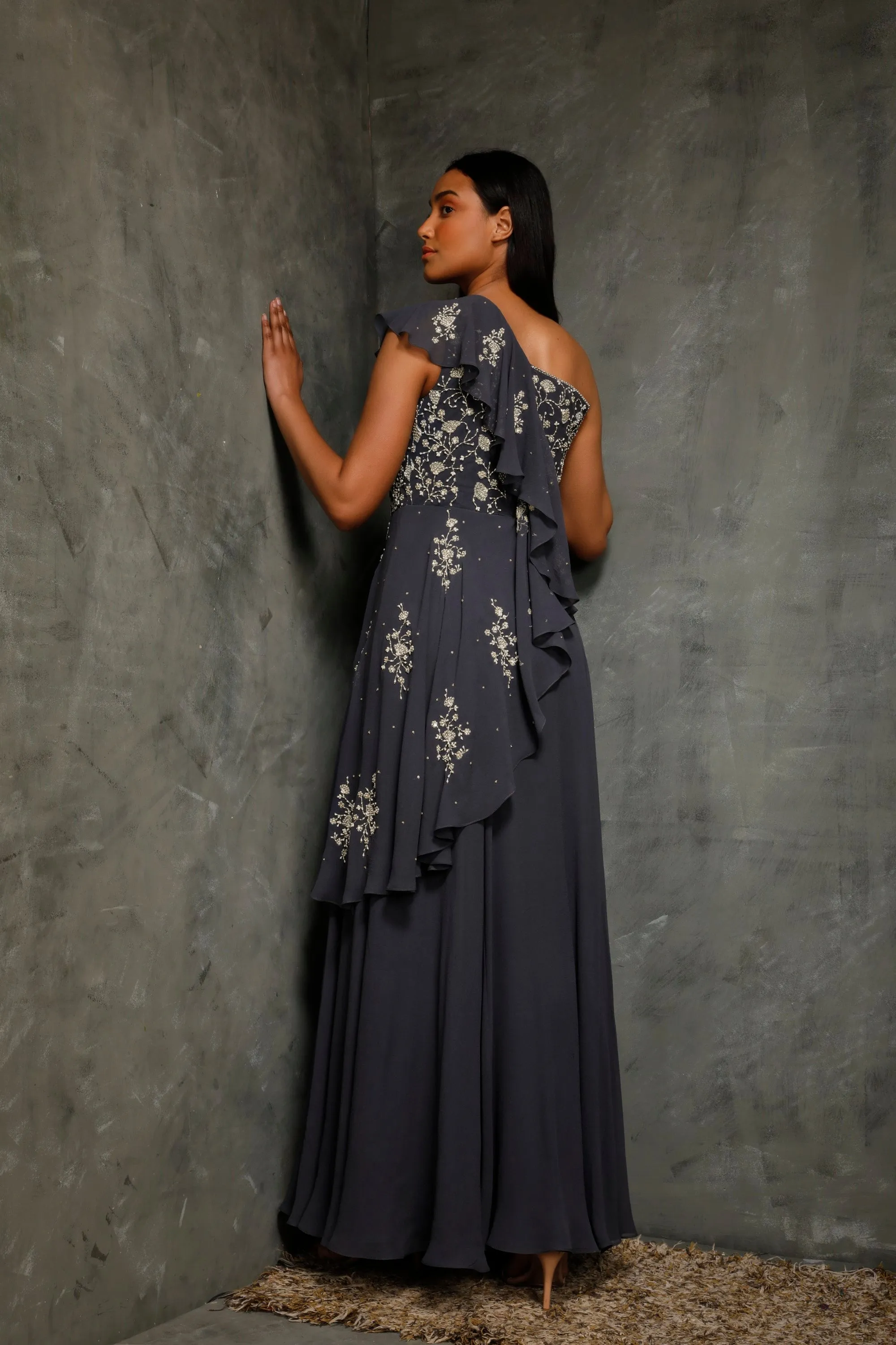 Teal Blue One Shoulder Gown With Ruffles