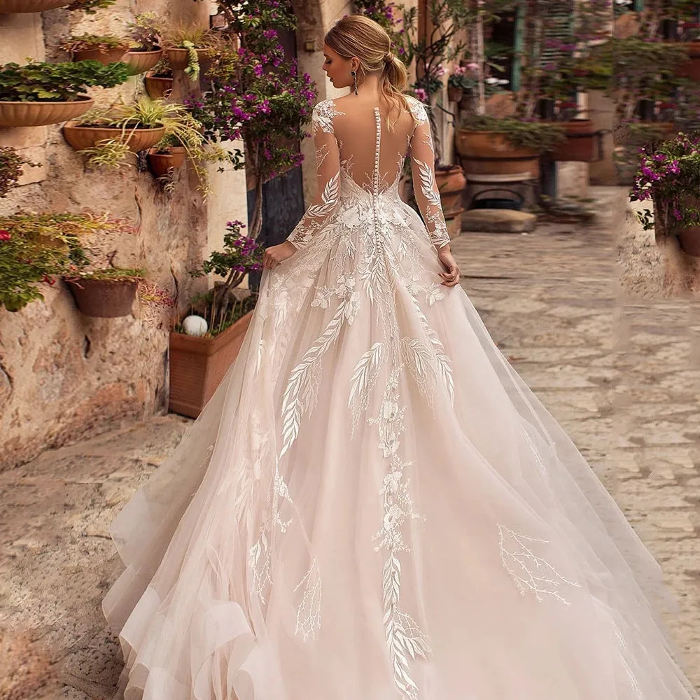 Temperament Personalized V-Neck Lace Applique Wedding Dress