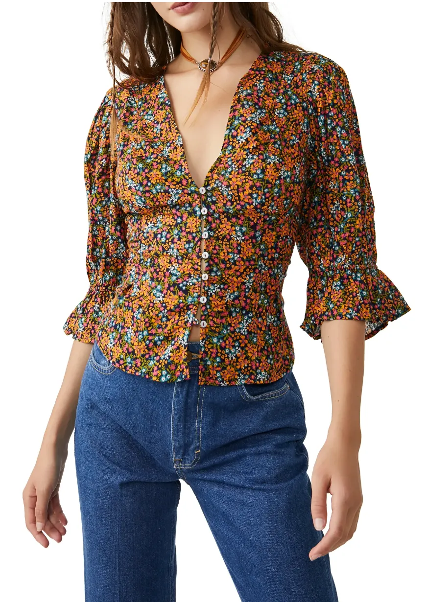 The I Found You Print Blouse by Free People - Navy Combo