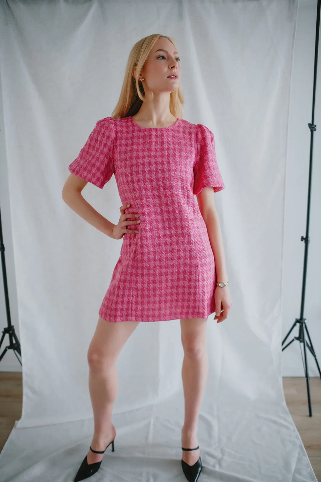 The Pippa Houndstooth Mini Dress - Fuchsia