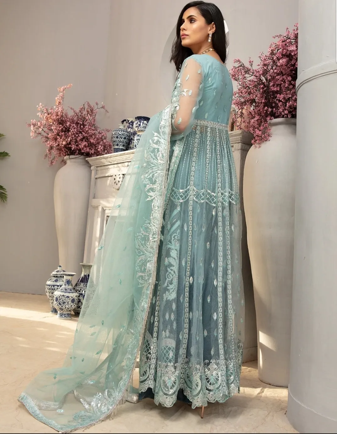 Trendy Pakistani Maxi Dress In Light Turquoise Color # C2073
