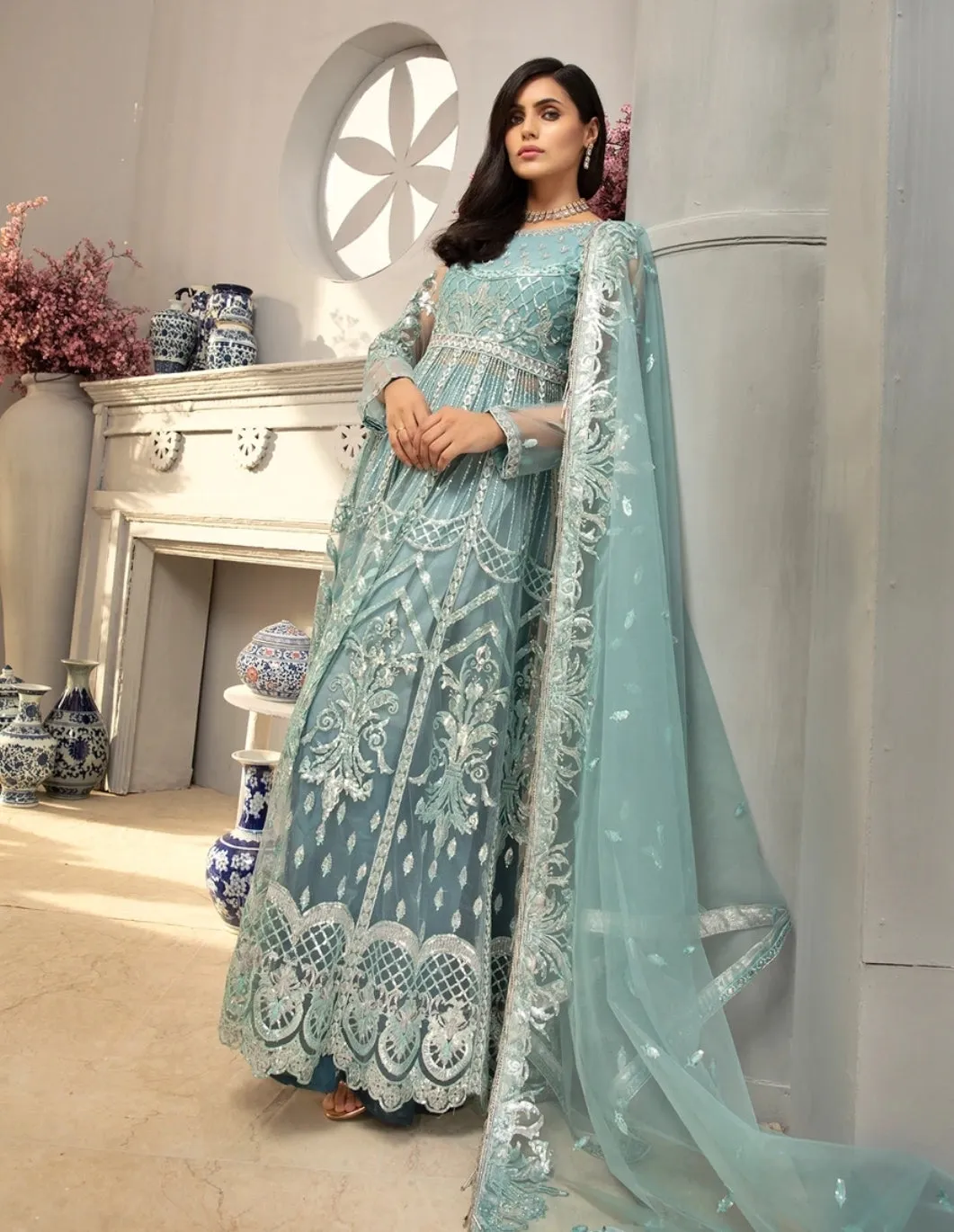 Trendy Pakistani Maxi Dress In Light Turquoise Color # C2073