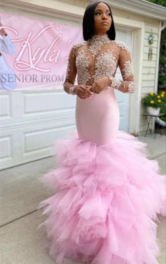 Trendy Pink Illusion neck Long Sleeves Mermaid Ruffles Prom Dresses