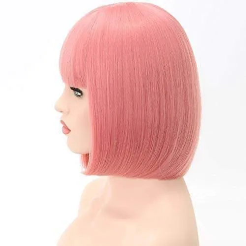Trendy soft dark rose petal pink straight bob with straight bangs hand dyed synthetic 12" wig