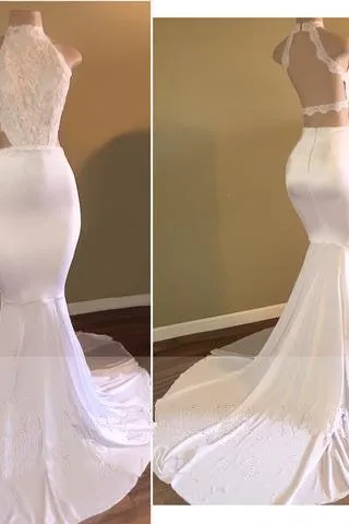 Trendy White Mermaid High-Neck Sleeveless Prom Party Gowns