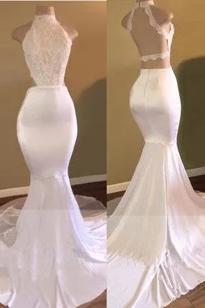 Trendy White Mermaid High-Neck Sleeveless Prom Party Gowns