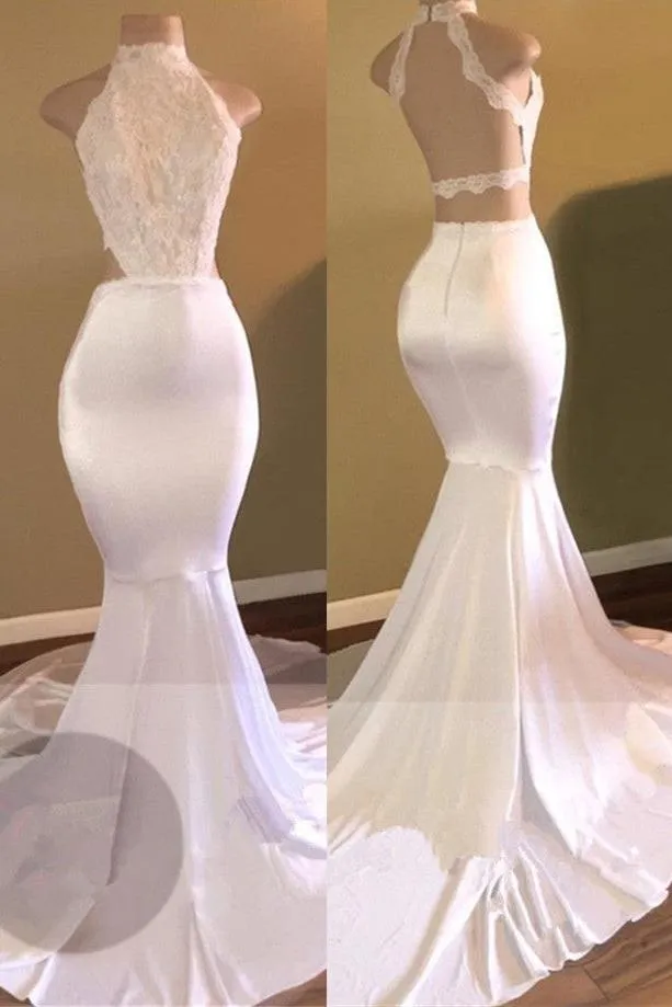 Trendy White Mermaid High-Neck Sleeveless Prom Party Gowns