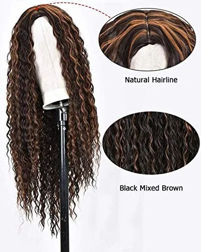 Trendy Wig Wet and Wavy Kinky Brown on Black Ombre Heat Resistant Natural Human Hair Feel Synthetic Wig 26 Inches  /- Free Shipping Included