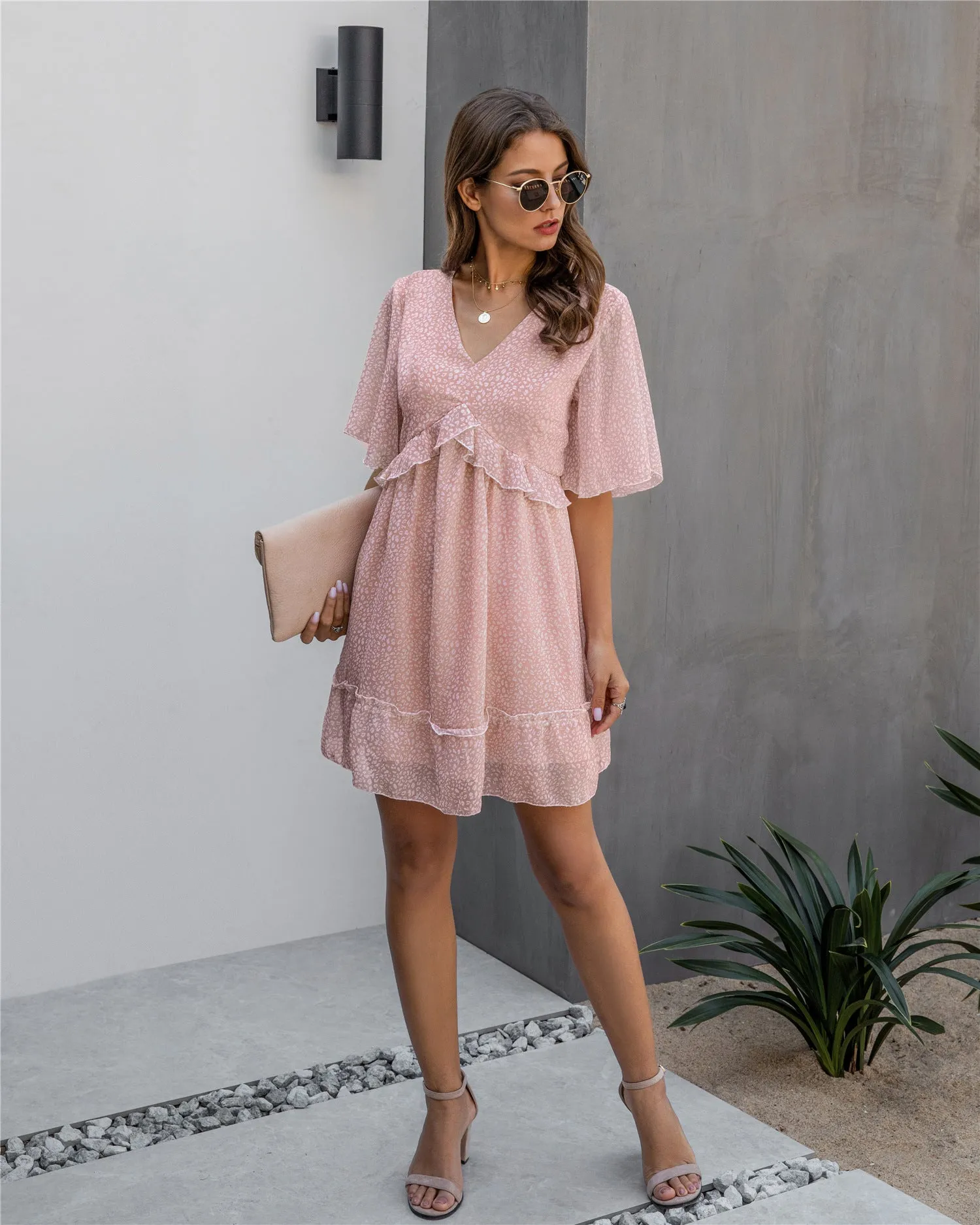 V-neck 1/2 Sleeve Printed Ruffled Mini Dress