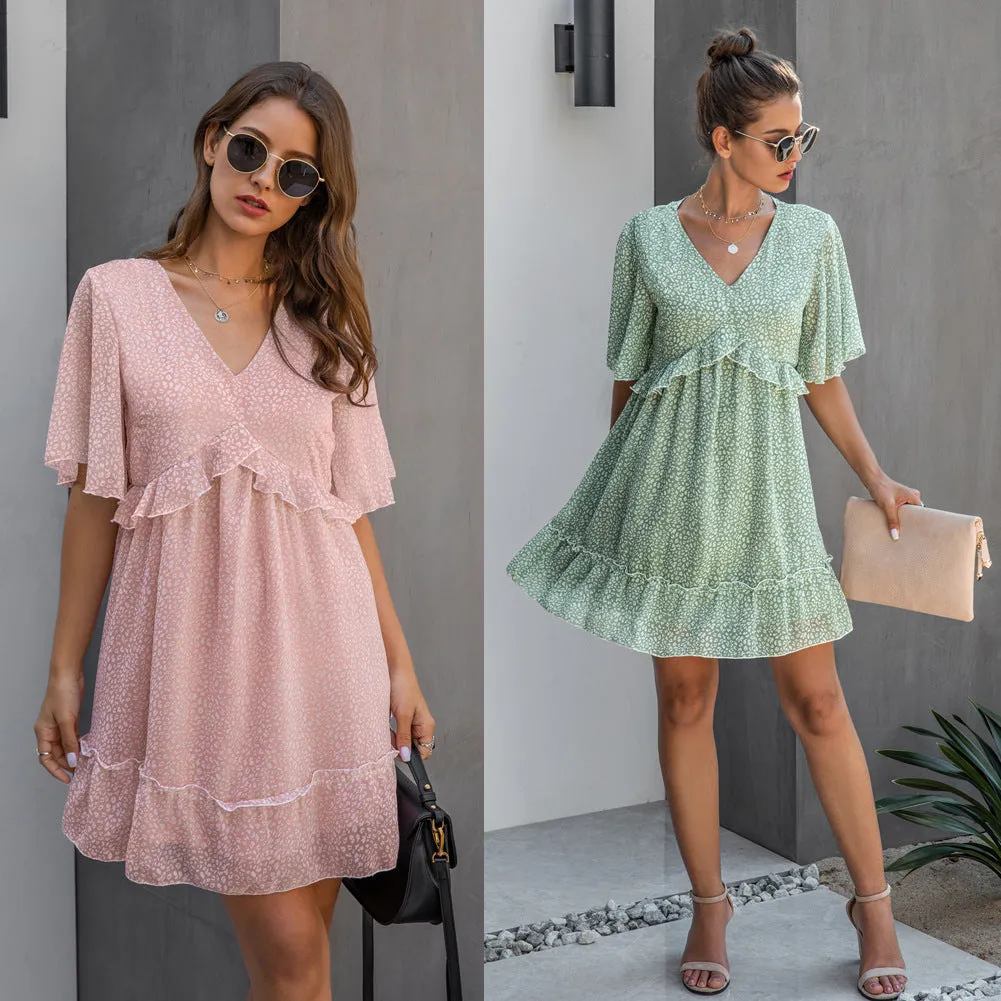 V-neck 1/2 Sleeve Printed Ruffled Mini Dress