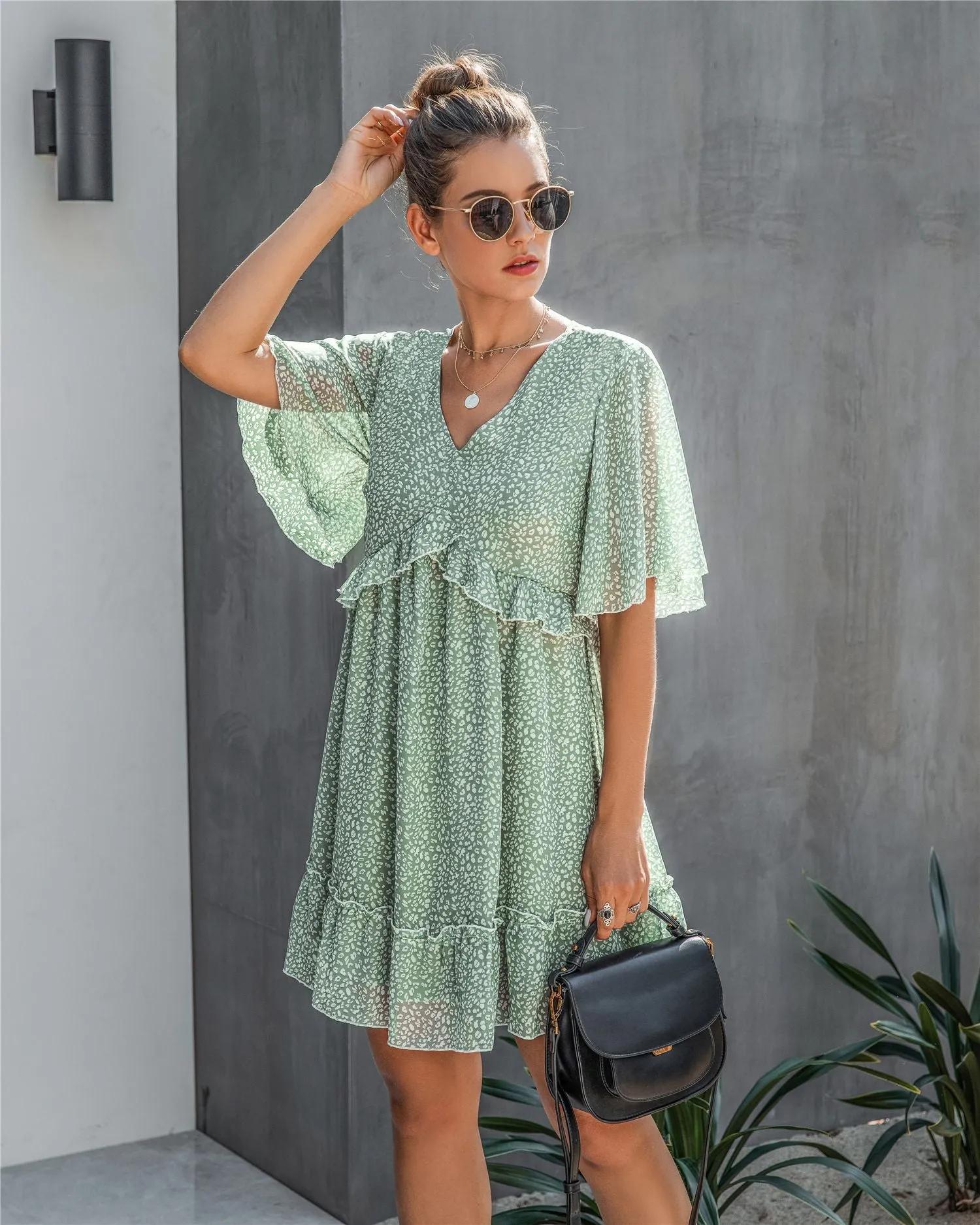 V-neck 1/2 Sleeve Printed Ruffled Mini Dress