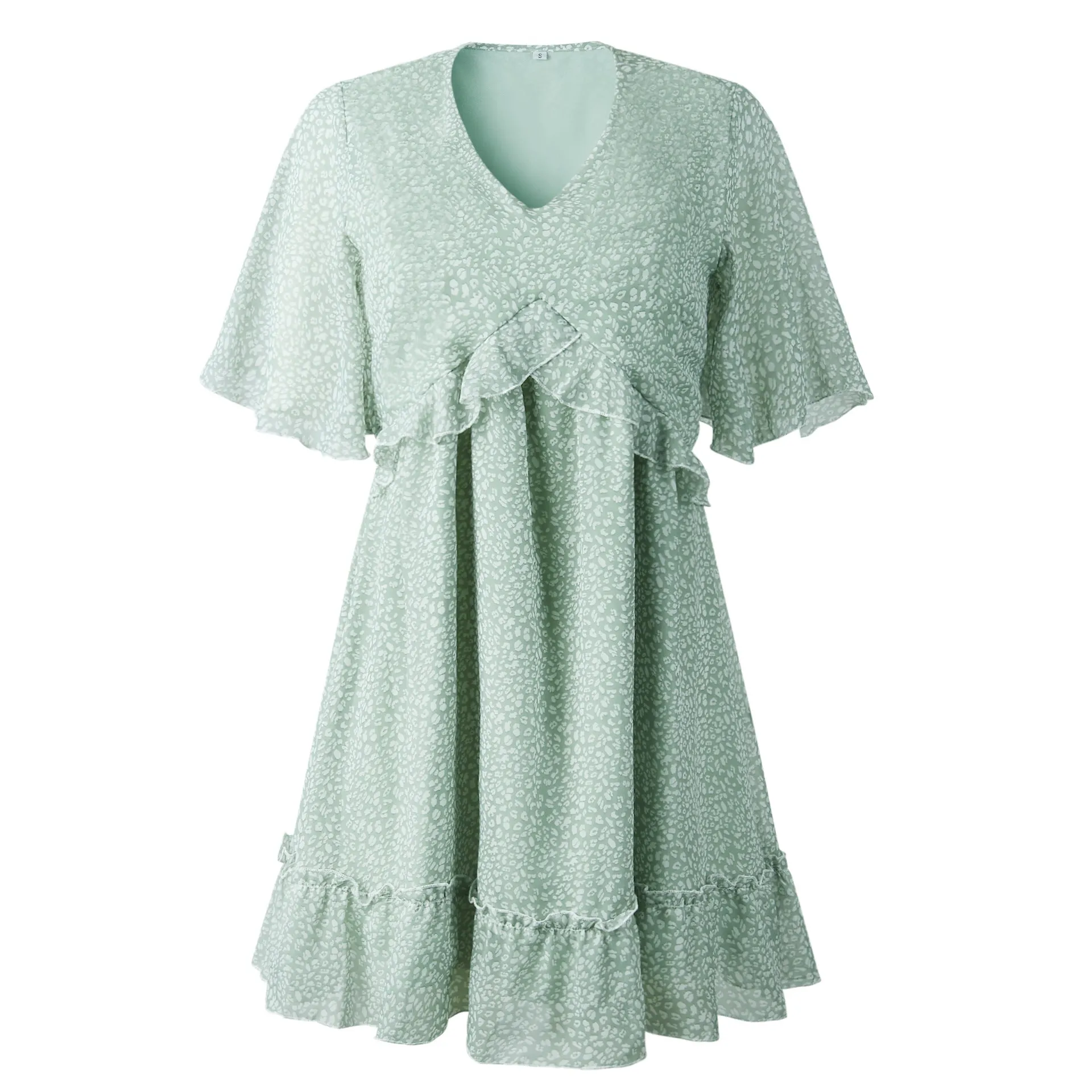 V-neck 1/2 Sleeve Printed Ruffled Mini Dress