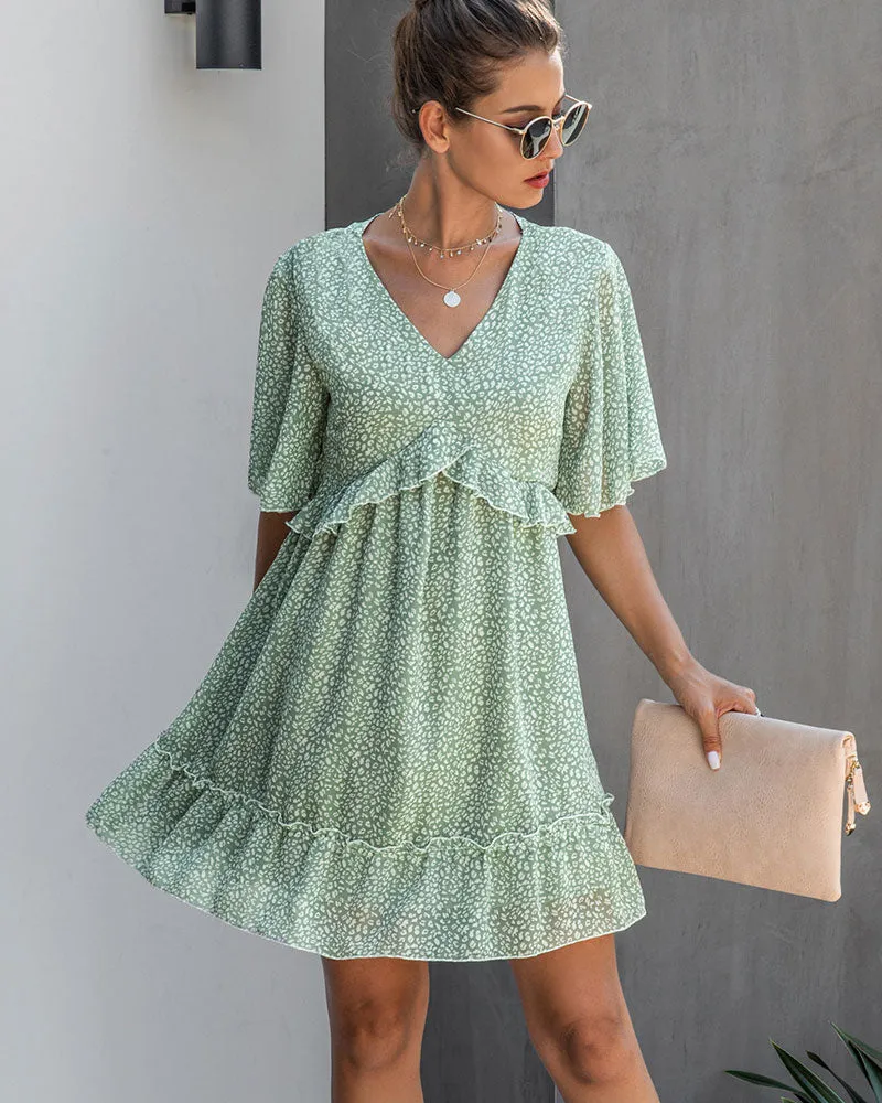 V-neck 1/2 Sleeve Printed Ruffled Mini Dress