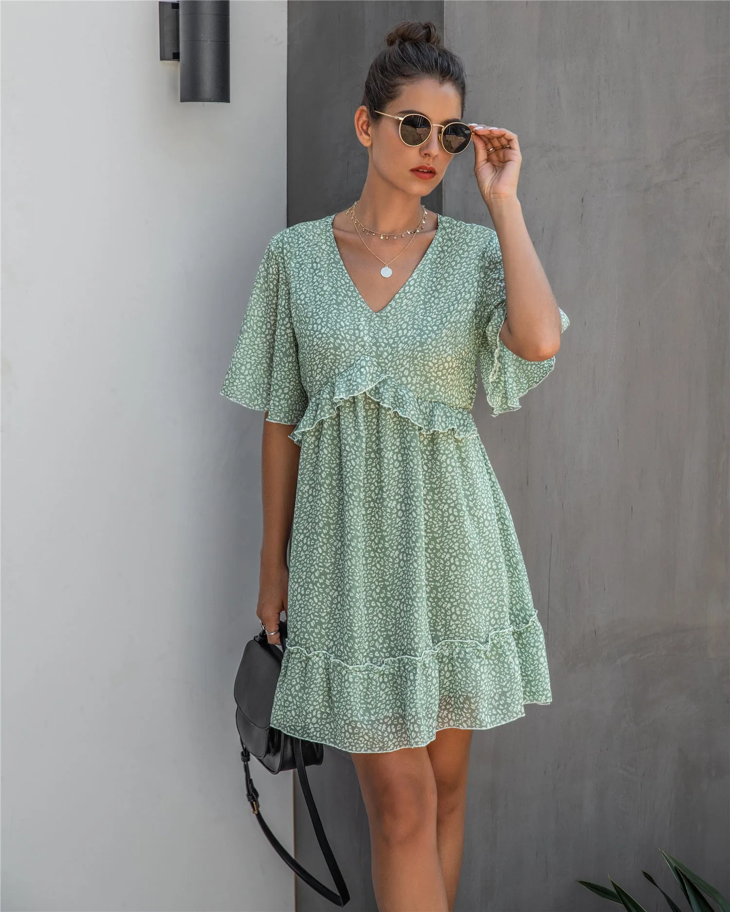 V-neck 1/2 Sleeve Printed Ruffled Mini Dress