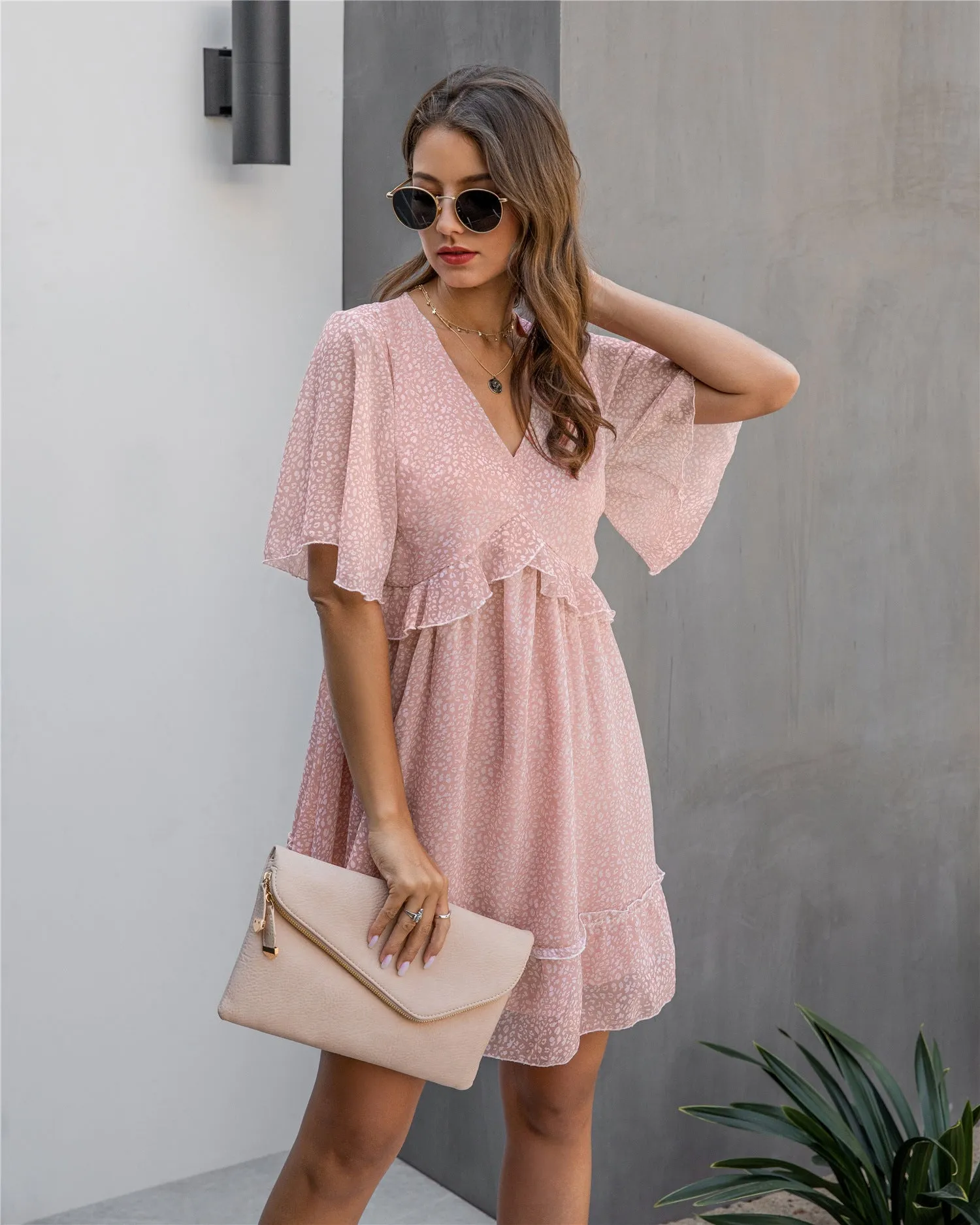 V-neck 1/2 Sleeve Printed Ruffled Mini Dress