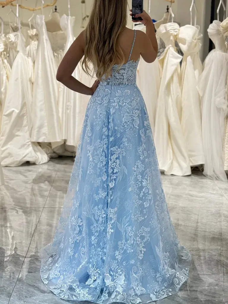 V Neck Blue Lace Prom Dresses, V Neck Light  Blue Lace Floral Formal Evening Dresses