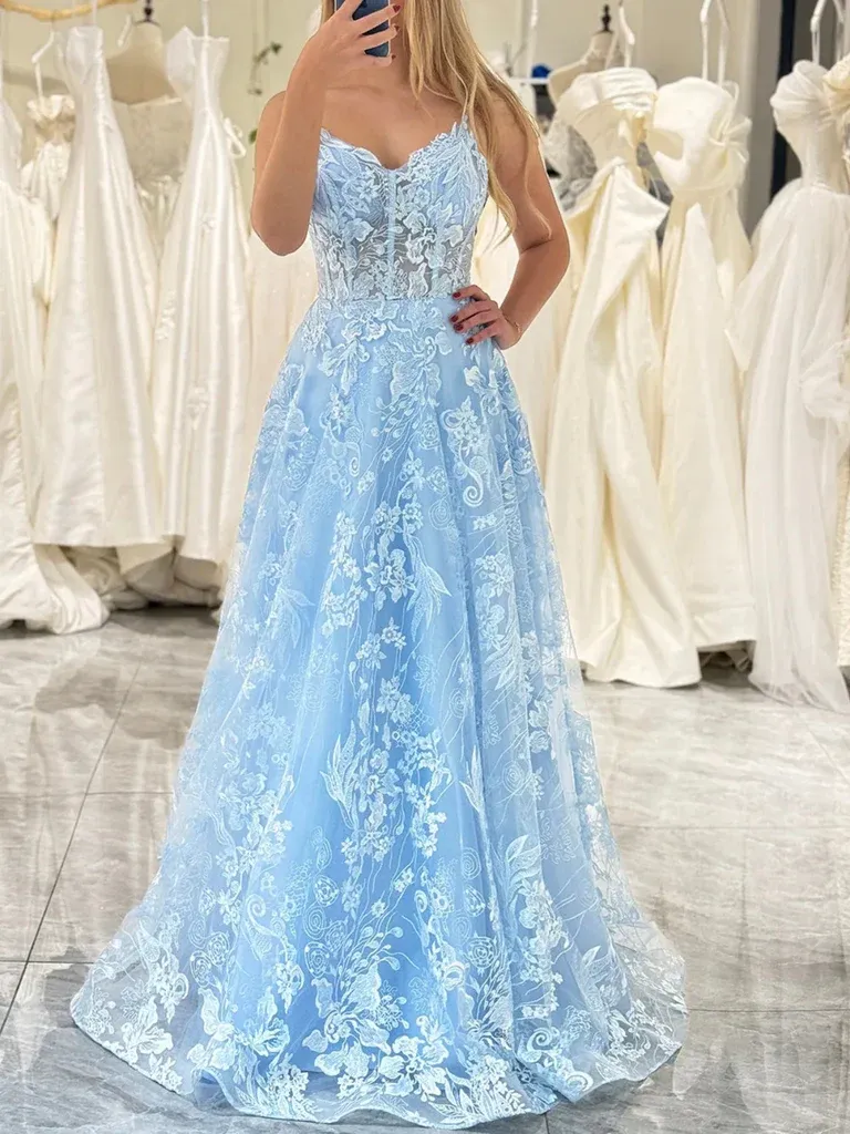 V Neck Blue Lace Prom Dresses, V Neck Light  Blue Lace Floral Formal Evening Dresses