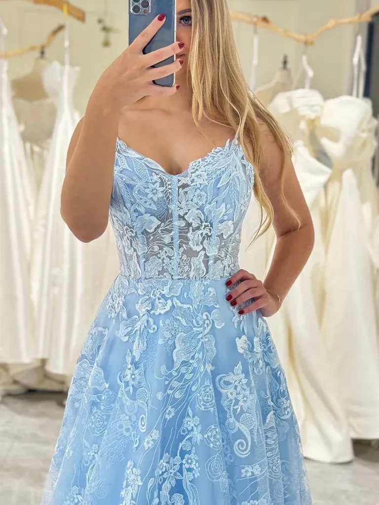 V Neck Blue Lace Prom Dresses, V Neck Light  Blue Lace Floral Formal Evening Dresses